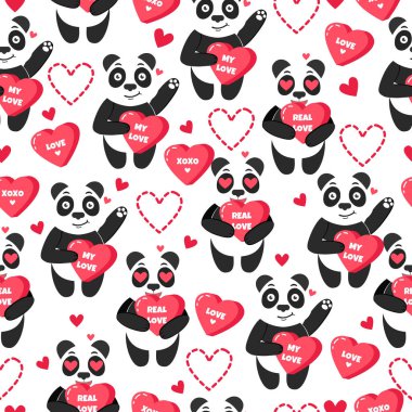 Panda, tatlı kalp, aşk ile sevimli vektör arka plan. Sevgililer günün kutlu olsun. Hayvanlarla tatil seamless modeli.