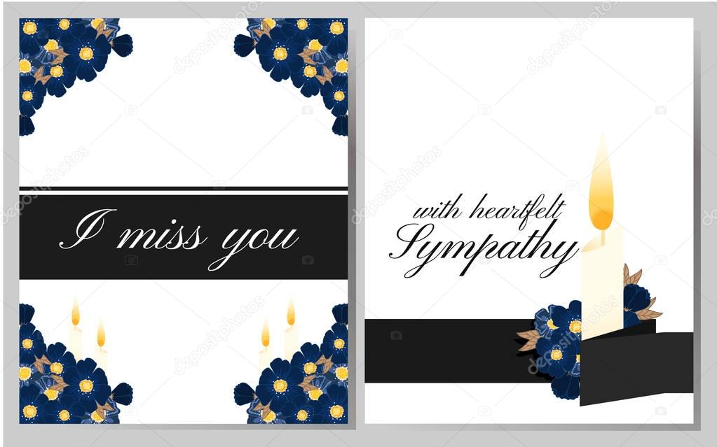 I miss you. Funeral card. Vector set with mourning flowers, candle and design elements. 