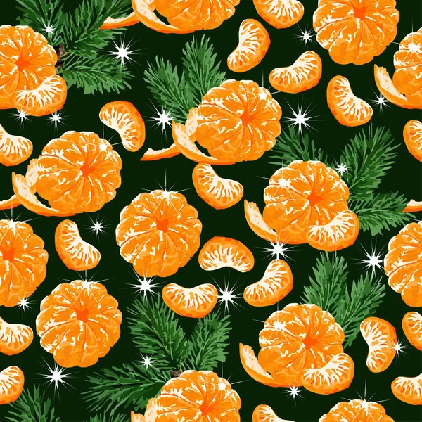 Fresh seamless pattern with tangerines, fir branches and snowflakes. Happy xmas and new year. Fruit background. — Stock Vector