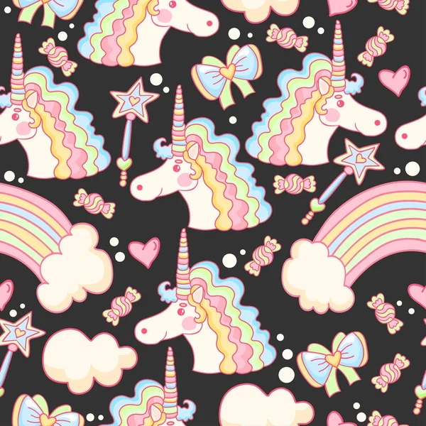 stock vector Magical pattern with unicorn, rainbow, candy, hearts and clouds. Funny background. 