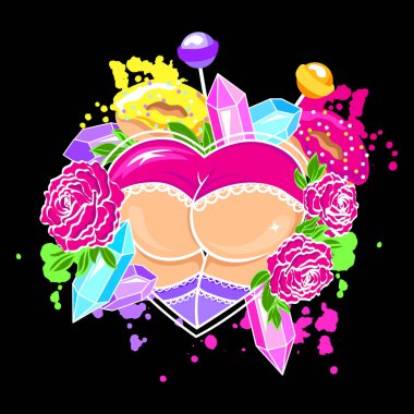 Vektör çizim büyük ganimet, gül, elmas, çörek ve lolipop. Parlak modern tasarım öğeleri ile yazdırma.