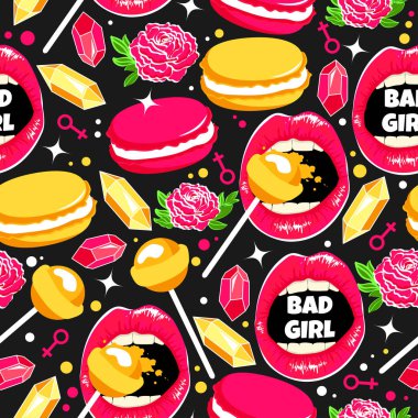 Özgün tasarım öğeleri ile parlak seamless modeli: macaroons, ruj, elmas, gül ve lolipop. Vektör arka plan stili pop sanat ile gıda ve dudaklar. Kötü kız.