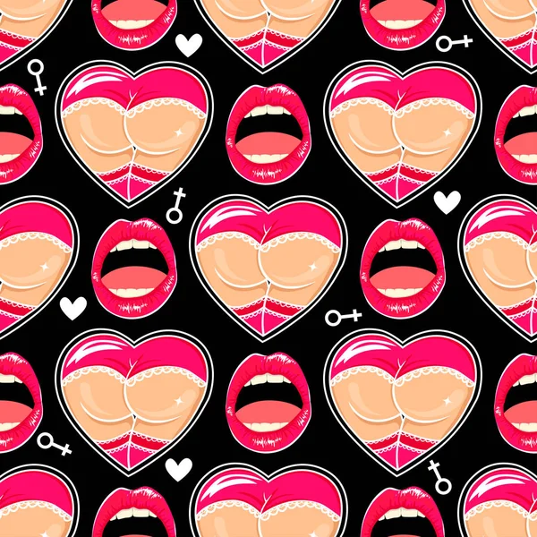 Sweet booty and big lips. Fun seamless pattern with body parts, hearts in style pop art. Dark background. — Stock Vector