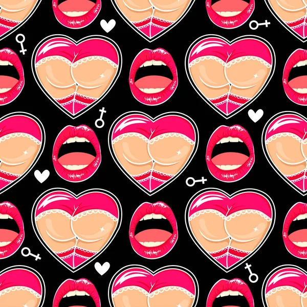 Dulce botín y labios grandes. Divertido patrón sin costuras con partes del cuerpo, corazones en el estilo pop art. Fondo oscuro . — Archivo Imágenes Vectoriales