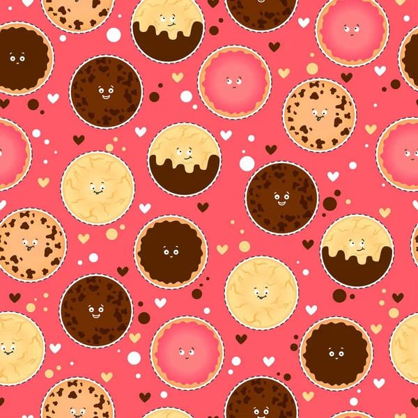 Söta mönster med olika cookies. Emotion mat. Vector bakgrund för bageri. — Stock vektor