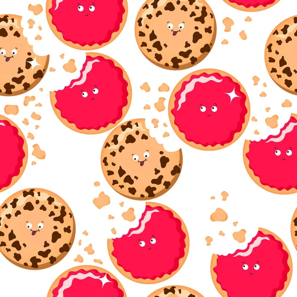 Lustige nahtlose Muster mit emotionalen Keksen und Krümeln. Vektor-Hintergrund mit süßem Dessert im Cartoon-Stil. — Stockvektor