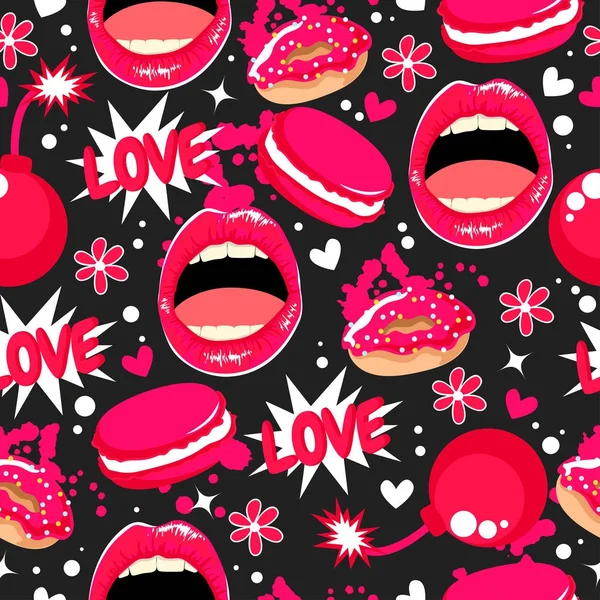 Happy Valentine's Day. Vakantie vector achtergrond met liefde, lippen, roze bommen, bloemen, donuts en bitterkoekjes. Mooie patroon in pop-art stijl. — Stockvector