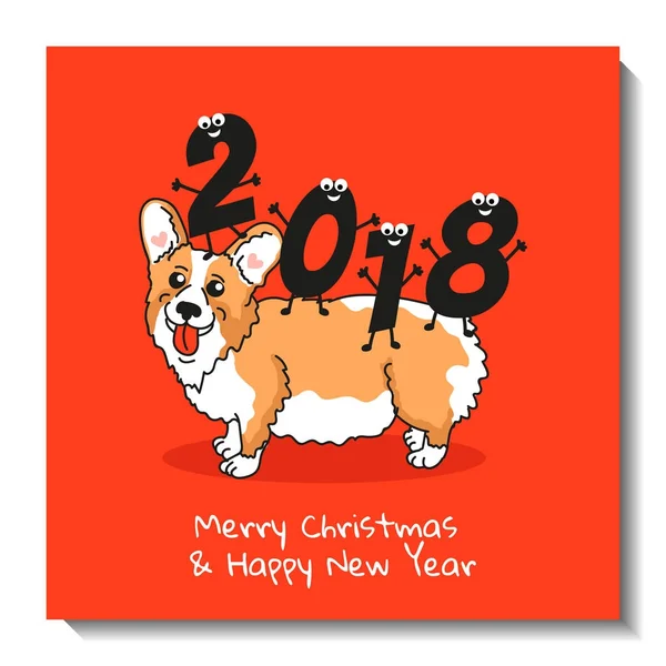Prázdninové pohlednice s roztomilý Welsh Corgi Pembroke a vtipné postavy. Vánoční přání design. Šťastný nový rok a veselé Vánoce vtipné ilustrace. — Stockový vektor