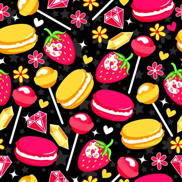 Patrón divertido con fresas, piruletas, diamantes, flores, corazones y macarrones. Fondo vectorial . — Vector de stock