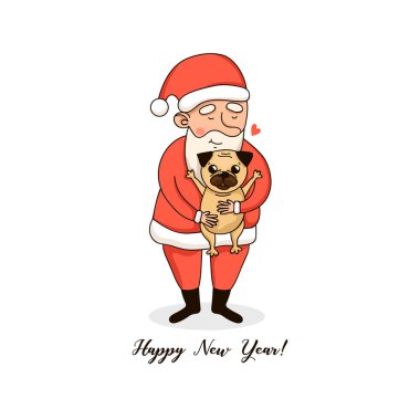 Sevimli Noel Baba ve köpek pug tebrik kartı. Yeni Yılınız Kutlu Olsun. Vektör çizim eğlenceli ile köpek. 