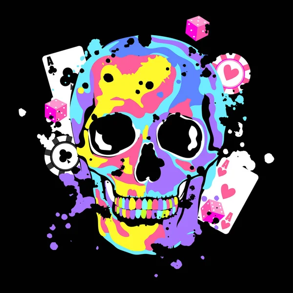 Calavera Color Con Cartas Juego Dados Ilustración Vectorial Para Club — Archivo Imágenes Vectoriales