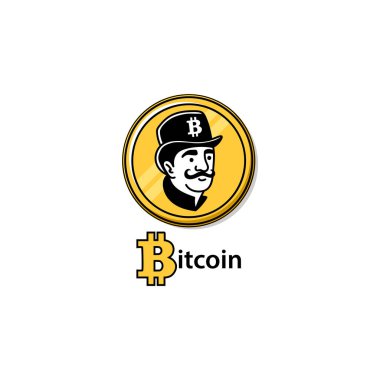 The original vector logo for crypto currency is bitcoin. Hand drawn icon with money and man.  clipart