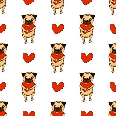 Sevgililer günün kutlu olsun. Güzel pug ve kalp. Sevimli köpek yavrusu ile seamless modeli. Köpeklerle vektör arka plan.