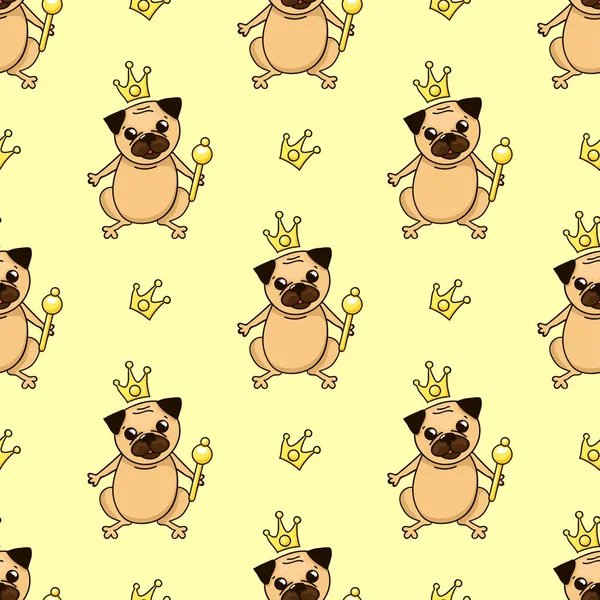 Royal Pug Crown Scepter Fun Seamless Pattern Dogs Yellow Background — Stock Vector