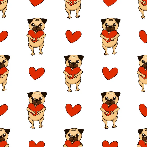 Happy Valentine Day Lovely Pug Heart Cute Seamless Pattern Puppy — Stock Vector