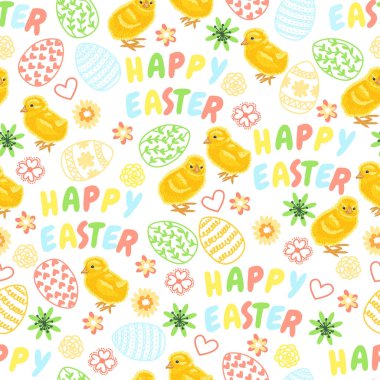 Mutlu paskalyalar. Tatil arka plan piliç, yumurta, çiçek ve kalpleri. Sevimli tavuk ile Seamless modeli. Hassas renk.
