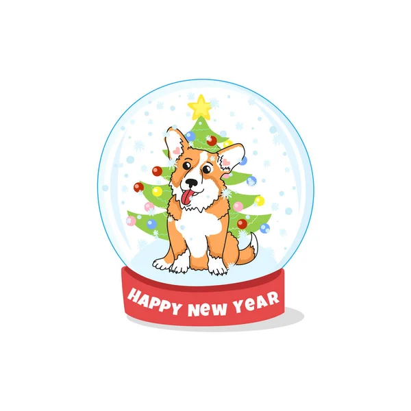 新年快乐 与威尔士犬 雪花和树的圣诞球 矢量插图与可爱的狗 节日快乐 — 图库矢量图片