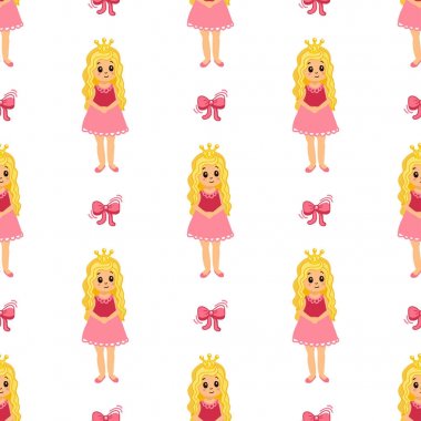 Sevimli küçük Prenses ve yay ile Seamless modeli. Vektör arka plan ile şirin kız. Komik bebek.