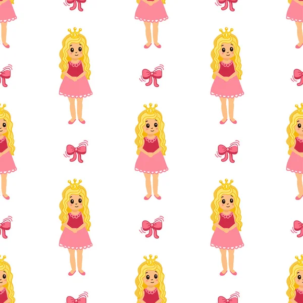 Sevimli küçük Prenses ve yay ile Seamless modeli. Vektör arka plan ile şirin kız. Komik bebek.