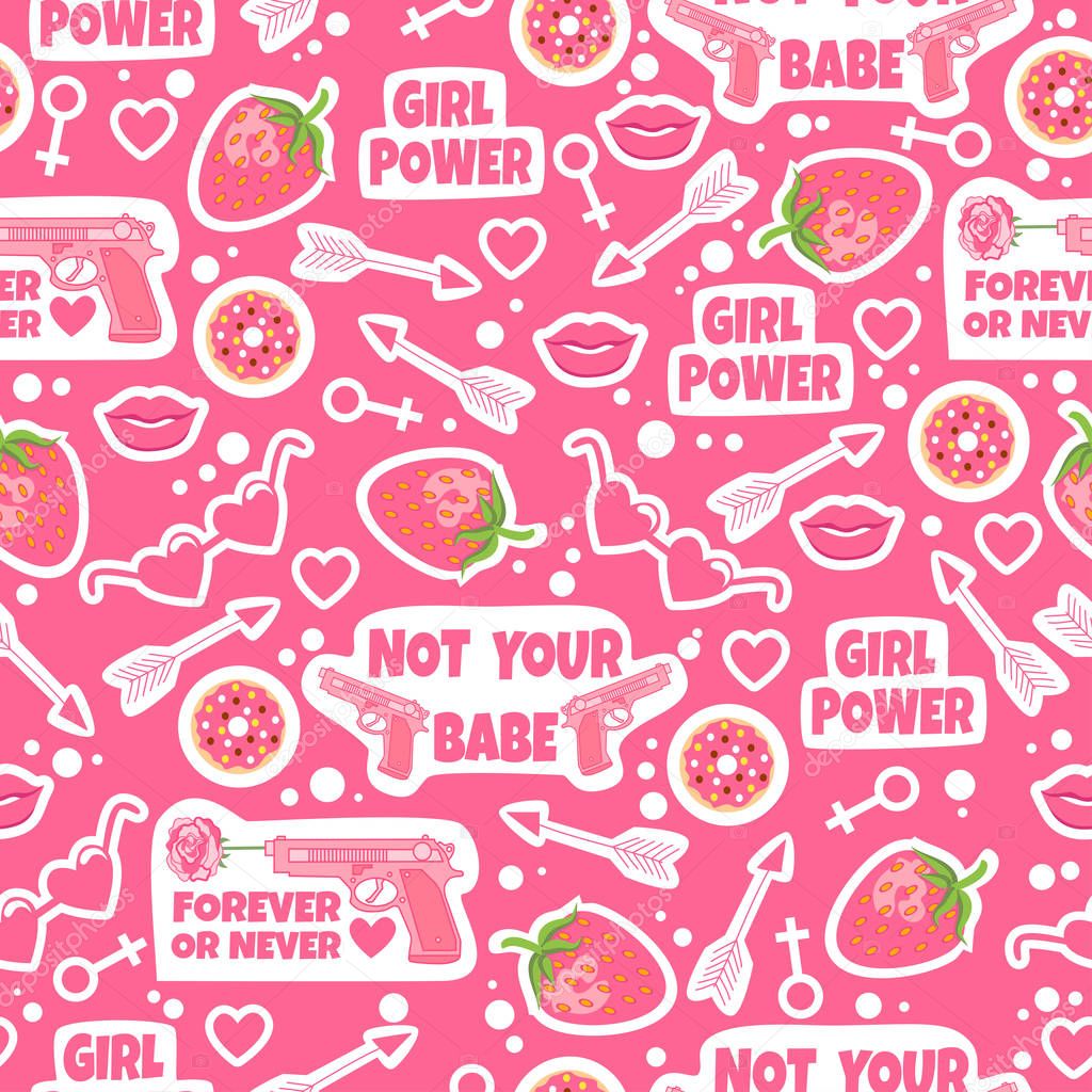 Pink background with fashion elements. Seamless pattern with strawberry, kiss, lips, donuts, arrow, hearts, gun, food, sunglasses. Girl power. Not your babe. Forever or never. 
