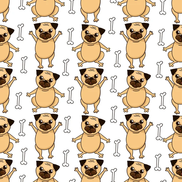 Vector Background Funny Pugs Bones Seamless Pattern Cute Dogs — Stock Vector