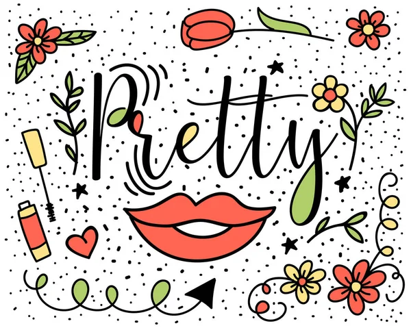 Pretty Vector Fashion Illustration Big Lips Flowers Tulip Cosmetics Lettering — Stock Vector