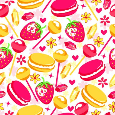 Çok tatlı ve parlak desen macaroons, çilek, küpeler, çiçek, kalp ve lolipop. Vektör lezzetli arka planda tarzı pop sanat. 