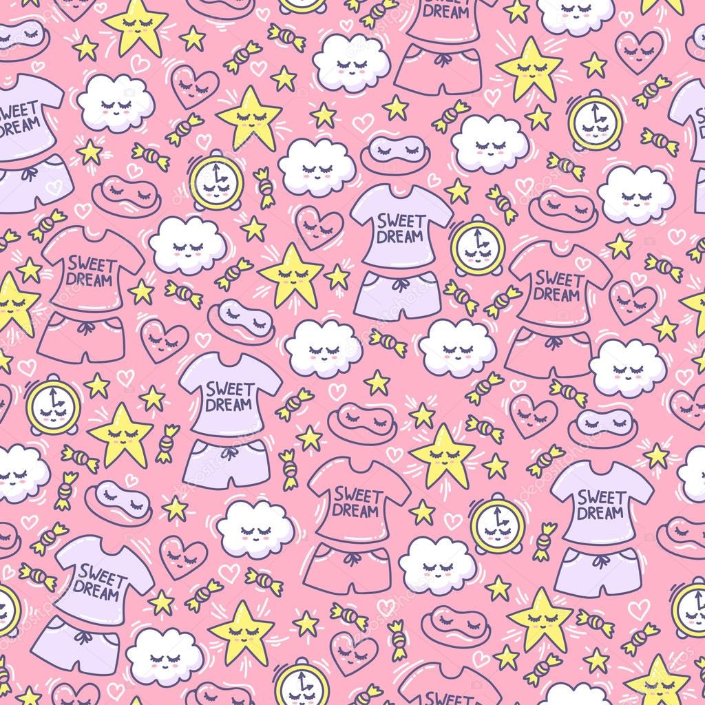 Female background with funny clouds, hearts, stars, candy, alarm clock, sleep mask and pajamas. Pink seamless pattern for little princess. Female ornament. Good Night.