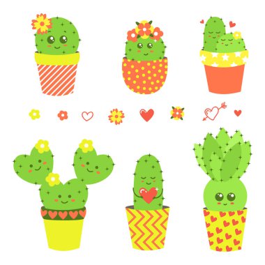 Vektör şirin kaktüs ve çiçekler ile ayarla. Seviyorum. Beyaz bir arka plan üzerinde kaktüsler koleksiyon. 