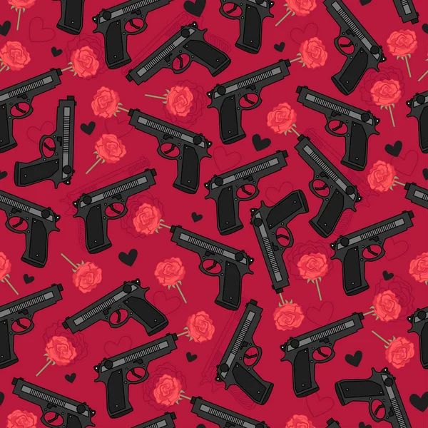 Pistola Negra Rosas Patrón Sin Costuras Con Revólver Flores Corazones — Vector de stock