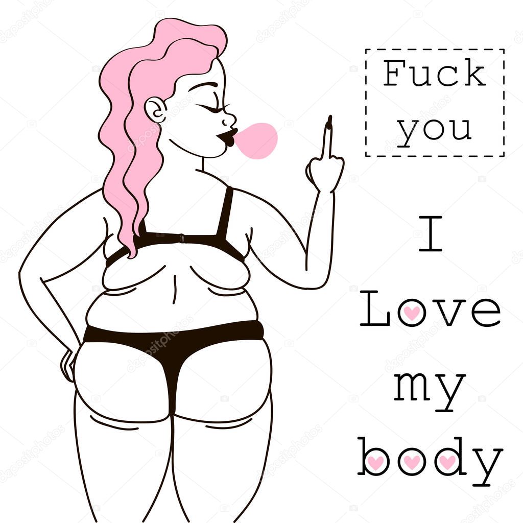 Young fat girl in lingerie shows gesture and chews cud. Fashion illustration. Fuck you. I love my body. Feminist. Strong woman. 