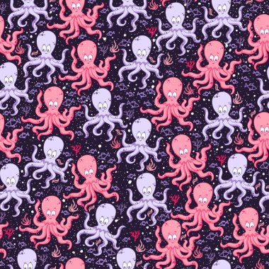 Arka plan ile çok renkli ahtapot balık ve mercan ile suda yüzme. Deniz yaşamı. Vektör seamless modeli deniz yaşamı ile. 