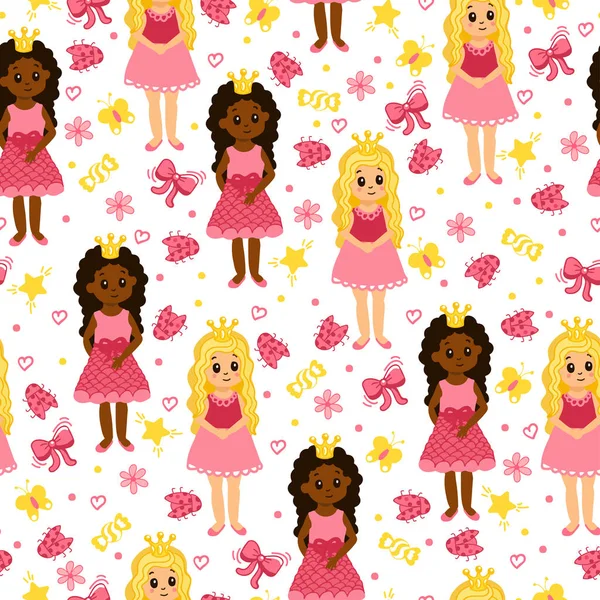 Little princess. Seamless pattern with young girls, ladybug, bows, stars and flowers. African american girl. Cute vector background. 