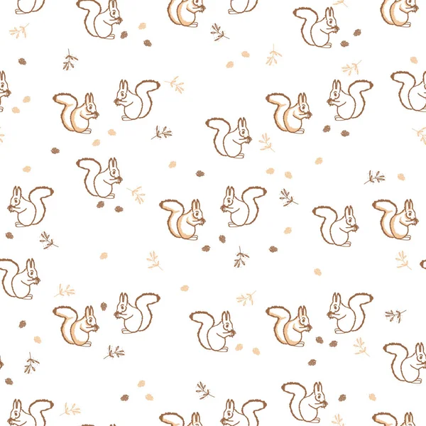 Seamless Pattern Forest Squirrels Branches Fir Cones Vector Background Animal — Stock Vector