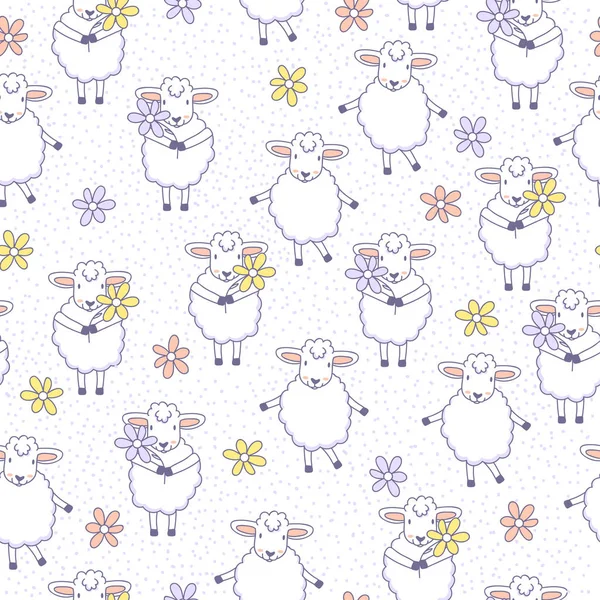 Modèle Sans Couture Avec Des Moutons Des Fleurs Fond Vectoriel — Image vectorielle