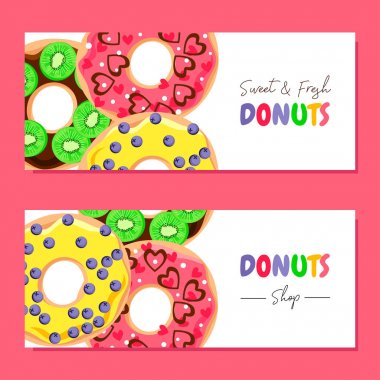 Tatlı ve taze çörek. Vektör çörek ile taze afiş ayarlayın. Kafe, Restoran, menü ve fırın dükkanı için orijinal kartı.