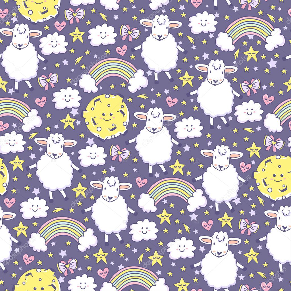 The cutest pattern with rainbow, lamb, moon, stars, bows, hearts and clouds. Especially for children. Vector background with sheeps and magical night sky. Good night. 