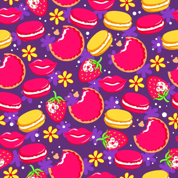 Motif Lumineux Doux Avec Biscuits Fleurs Macarons Fraises Lèvres Délicieux — Image vectorielle