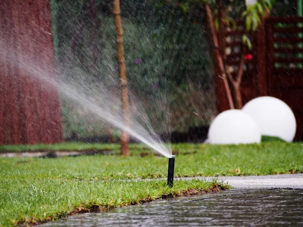 Gartenbewässerung - funktionierende Sprinkleranlage — Stockfoto