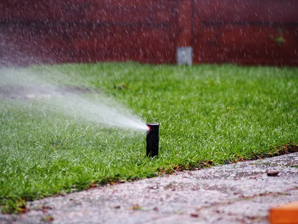 Tuin irrigatie - werkende sprinkler Rechtenvrije Stockfoto's