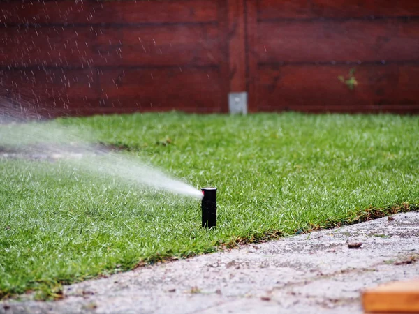 Gartenbewässerung - funktionierende Sprinkleranlage lizenzfreie Stockfotos