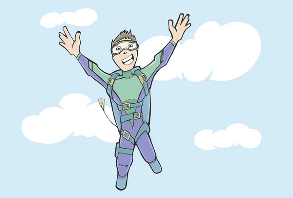 Man met wolken in de backgroundparachute sprong parachutespringen — Stockvector