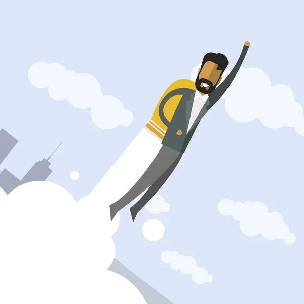 Empresário indiano feliz voando em jetpacks para o seu objetivo . — Vetor de Stock