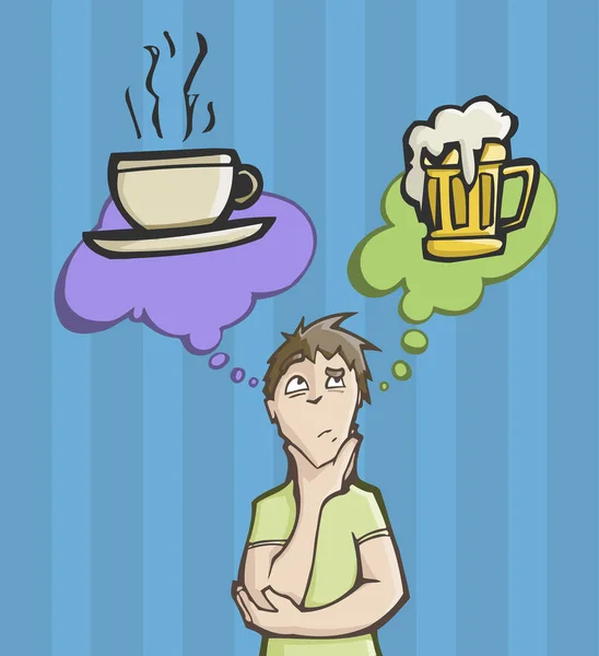 Człowiek, wybór między kawę lub piwo — Wektor stockowy