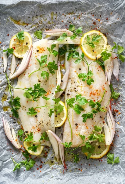 Fresh Fish Cod Fillets Parsley Lemon Slices Onion Spices Prepared — Stock Photo, Image