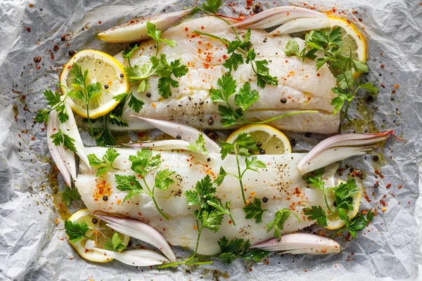 Fresh Fish Cod Fillets Parsley Lemon Slices Onion Spices Prepared — Stock Photo, Image