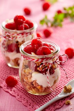 Granola taze Ahududu ve ahşap bir pembe tablo bir cam kavanoza doğal yoğurt ile. Lezzetli kahvaltı ya da tatlı. Sağlıklı beslenme kavramı