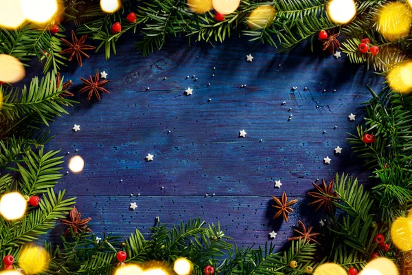 Fondo Navidad Con Ramas Abeto Decoración Sobre Fondo Madera Azul — Foto de Stock