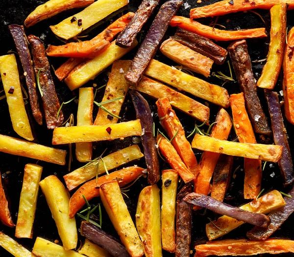 Batatas Fritas Batatas Fritas Assadas Diferentes Tipos Cores Batatas Polvilhadas — Fotografia de Stock