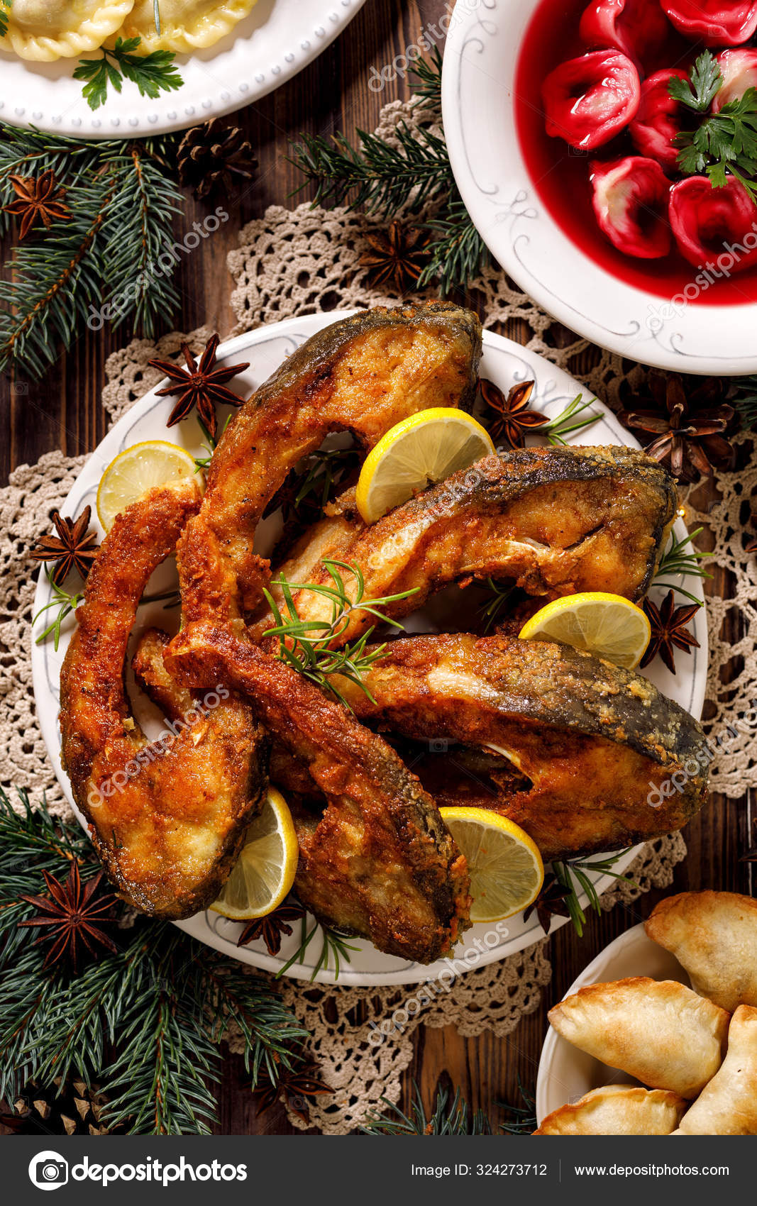 Christmas Carp Fried Carp Fish Slices Ceramic Plate Holiday Table Stock Photo By C Zi3000 324273712